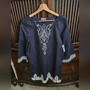 Neiman Marcus Dark Blue Tunic with White Embroidery